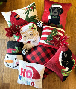 Christmas Black Lab Red Hooked Pillow