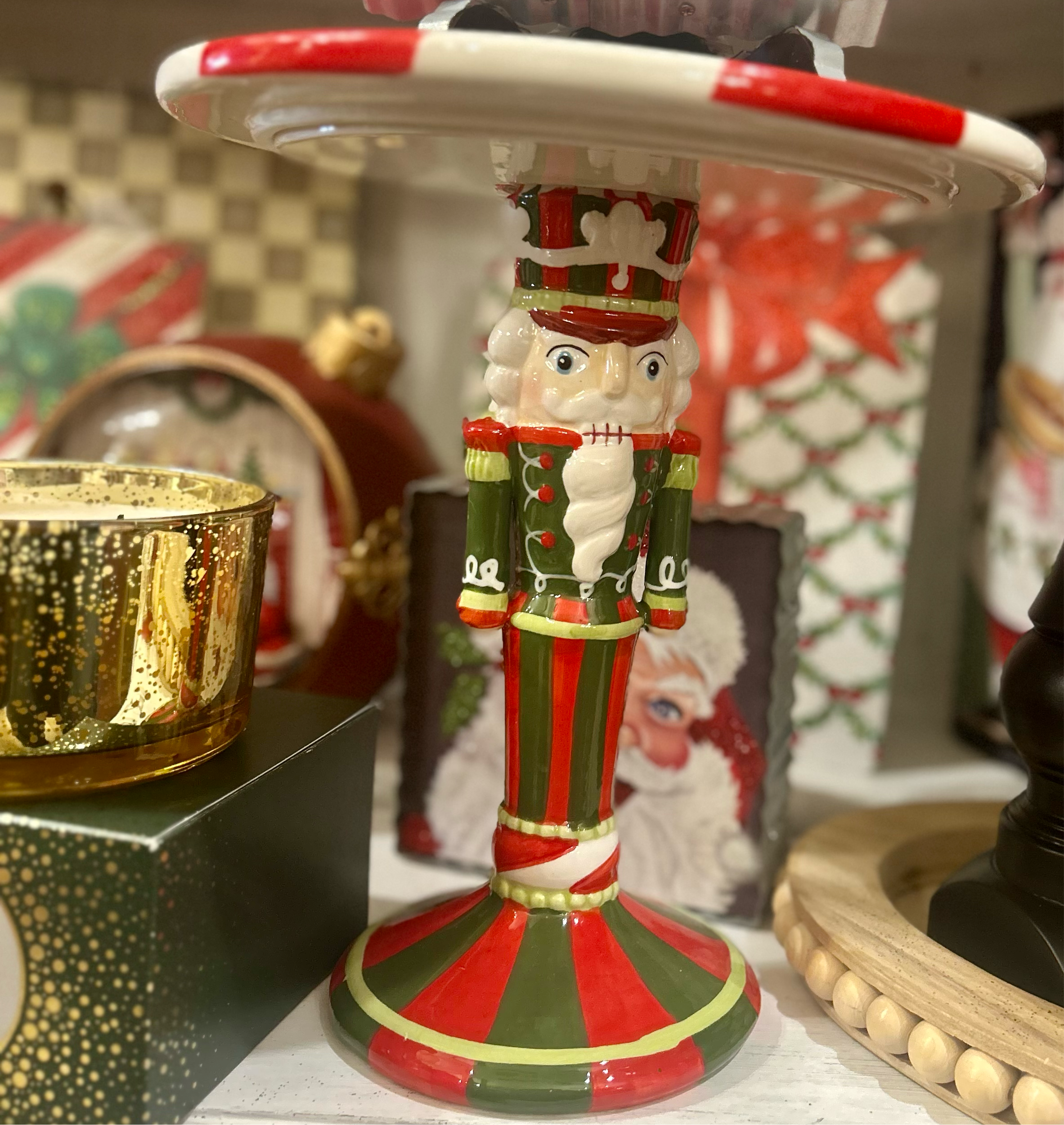 Nutcracker Cake Plate Stand Dolomite Red, Green, and White Riser