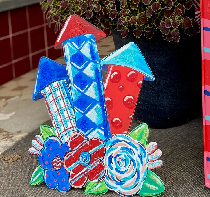 Americana: Whimsy Firecrackers and Flowers Metal Stake