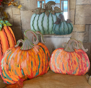 Artful Orange and Green Pumpkins Set of 2 Metal Stakes