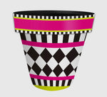 Load image into Gallery viewer, Hot Pink, Lime Green, Black and White Harlequin Stripe Design Outdoor Pots
