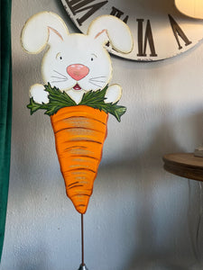 White Bunny Metal Yard Carrot Indoor or Outdoor Stake