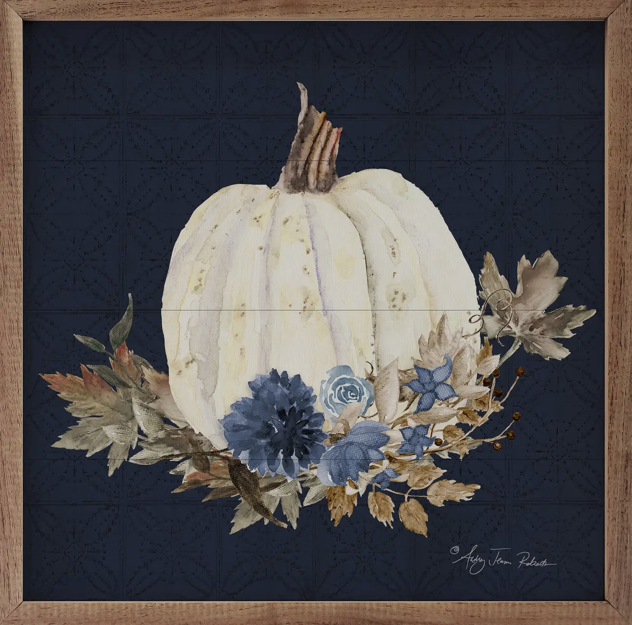 Fall Navy Blue, White Pumpkin, & Brown Fall Leaves Picture with Wood Frame