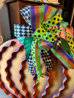 Load image into Gallery viewer, (4) Option Bows: Whimsical Custom Bows Harlequin Black, White, Bright Green, Pink Pumpkin, Stripe Ribbon, Purple, Orange
