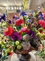 Load image into Gallery viewer, Summer Garden Bright Pink, Purple, and Green Floral Arrangement in Bronze Gold Container
