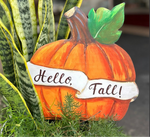 Load image into Gallery viewer, Hello Fall Banner Orange Metal Pumpkin Stake with Easel
