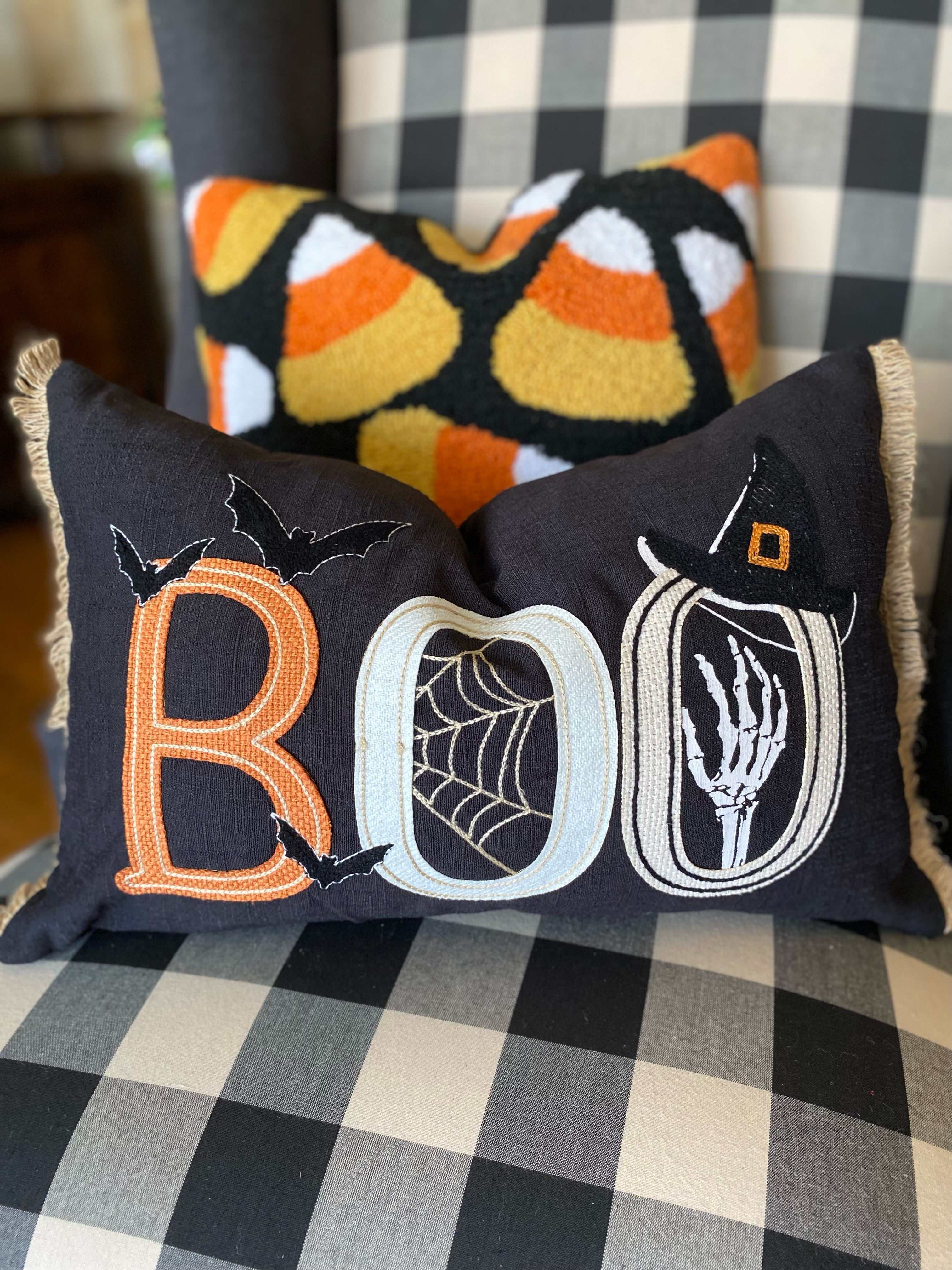 BOO Black Pillow with Bats, Witch Hat, Spider web, and Skeleton Hand