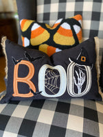 Load image into Gallery viewer, BOO Black Pillow with Bats, Witch Hat, Spider web, and Skeleton Hand
