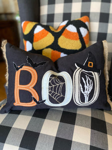BOO Black Pillow with Bats, Witch Hat, Spider web, and Skeleton Hand