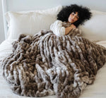 Load image into Gallery viewer, Couture Double Ruched Brown Two Tone Faux Fur Throw 60”x80”
