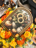 Load image into Gallery viewer, Fall Sunflowers and Pumpkins Wood Frame Picture Arch Top
