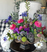 Load image into Gallery viewer, Summer Garden Bright Pink, Purple, and Green Floral Arrangement in Bronze Gold Container
