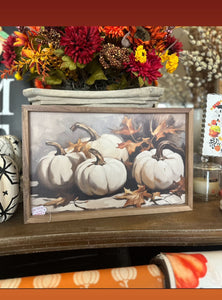 White Pumpkins with Fall Leaves Art and Wood Frame