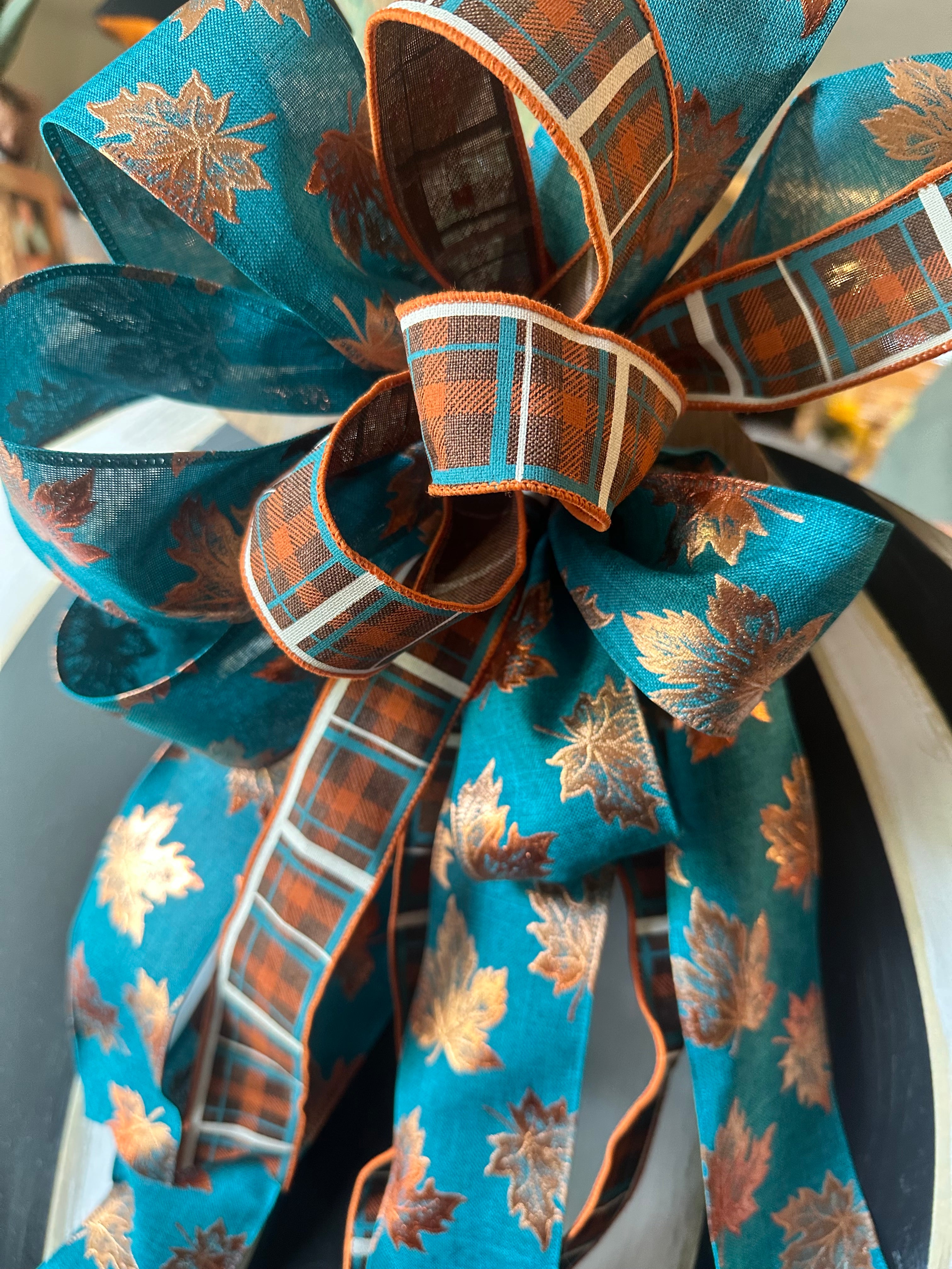 Fall Teal Copper Bow Leaves and Plaid Patterns