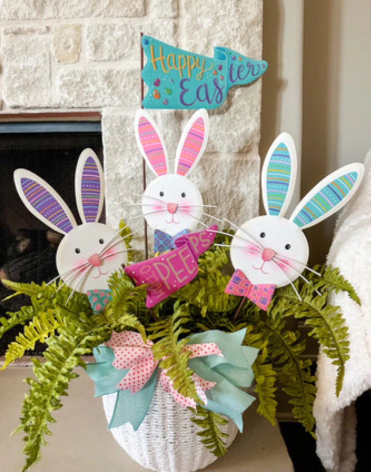 Turquoise Ears Bunny with Bow tie White Rabbit Metal Outdoor Stakes