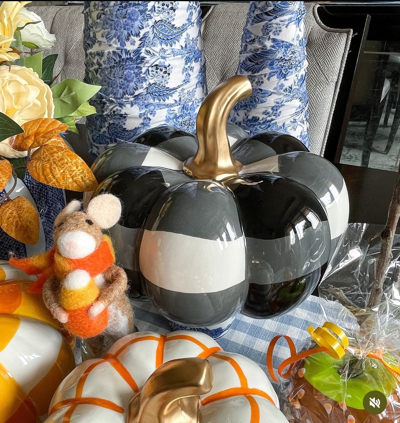 Black & White Check Pumpkin with Gold Stem