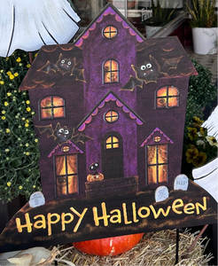Happy Halloween Haunted House Metal Stake with Attached Stakes