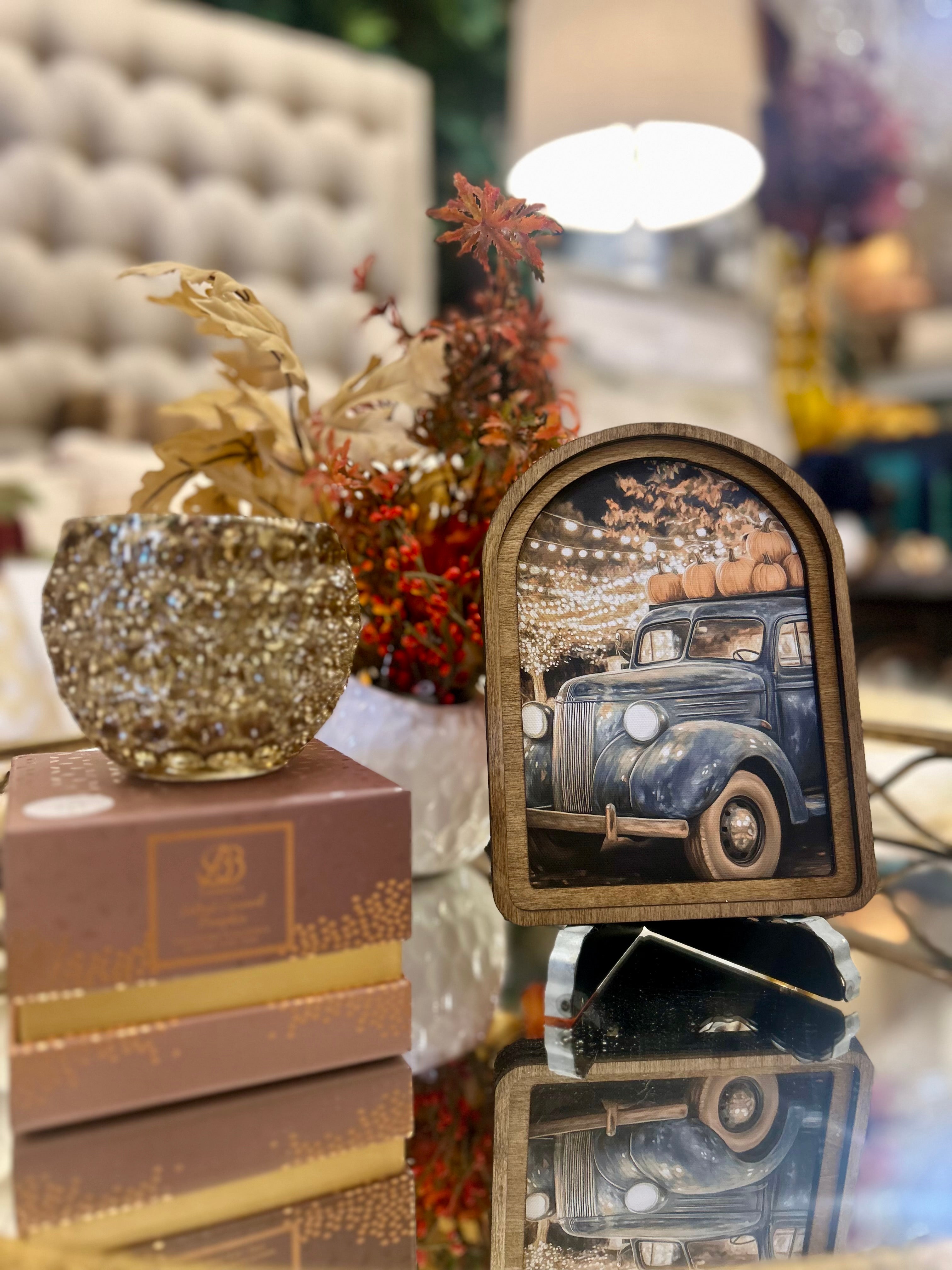 Fall Blue Farm Truck Hauling Harvest Pumpkins Wood Frame Picture Arch Top