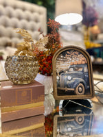 Load image into Gallery viewer, Fall Blue Farm Truck Hauling Harvest Pumpkins Wood Frame Picture Arch Top
