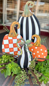 Set of 3 Pumpkins and 1 Tall Gourd Black & White Stripe Metal Stake