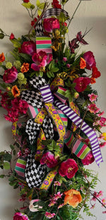 Load image into Gallery viewer, Butterfly Summer Peony Swag Harlequin Ribbon Bright Pink, Orange, Purple, Yellow Swag
