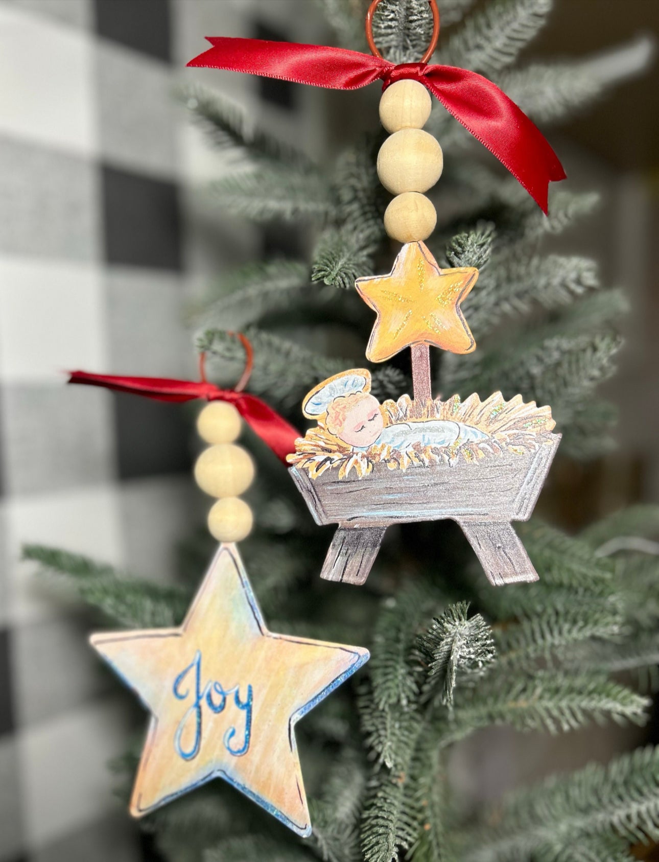 Set of 2 Beaded Metal Baby Jesus & Joy Ornaments