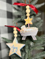 Load image into Gallery viewer, Set of 2 Beaded Metal Baby Jesus &amp; Joy Ornaments
