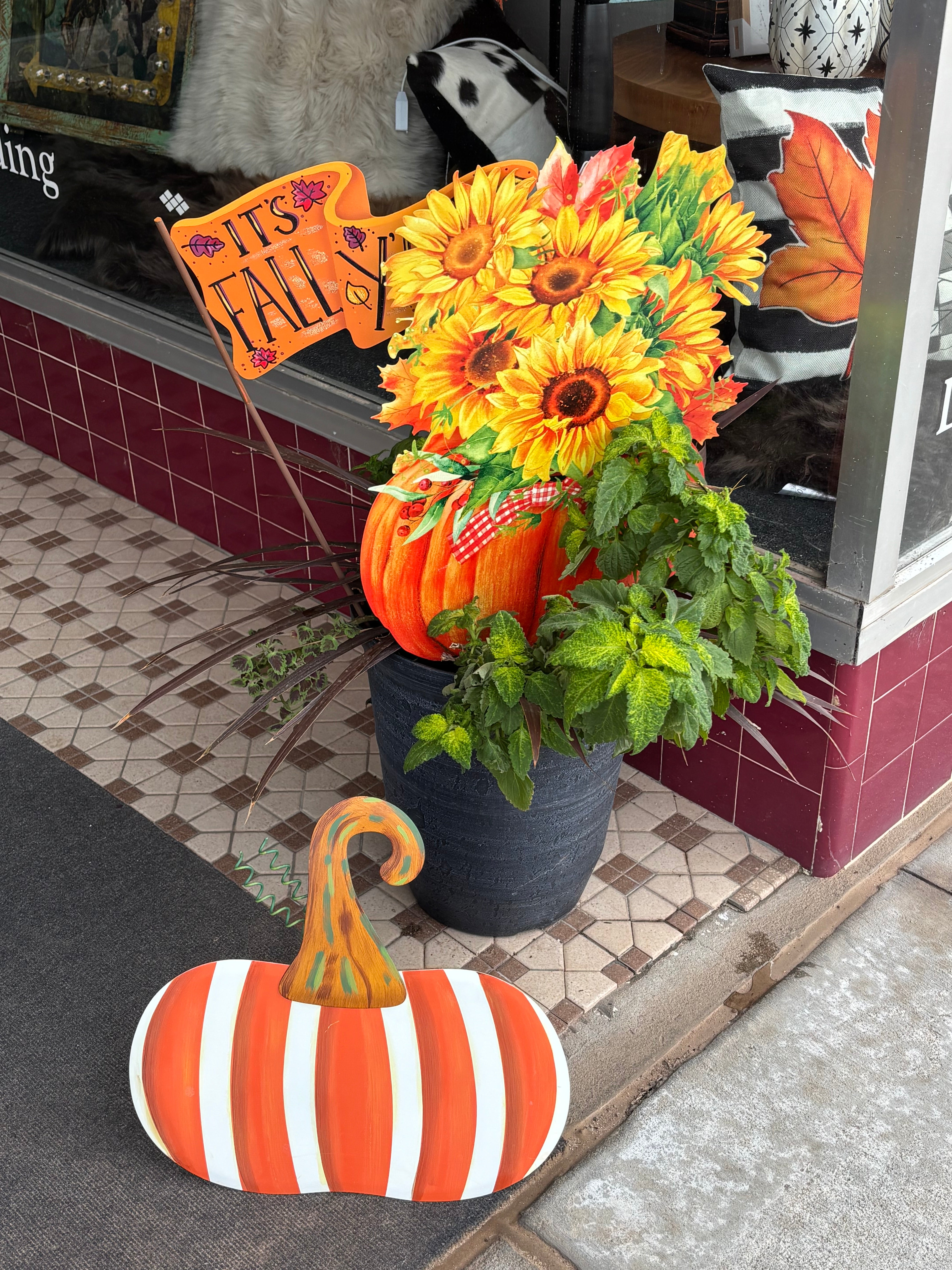 Orange & White Stripe Metal Pumpkin Yard Stake