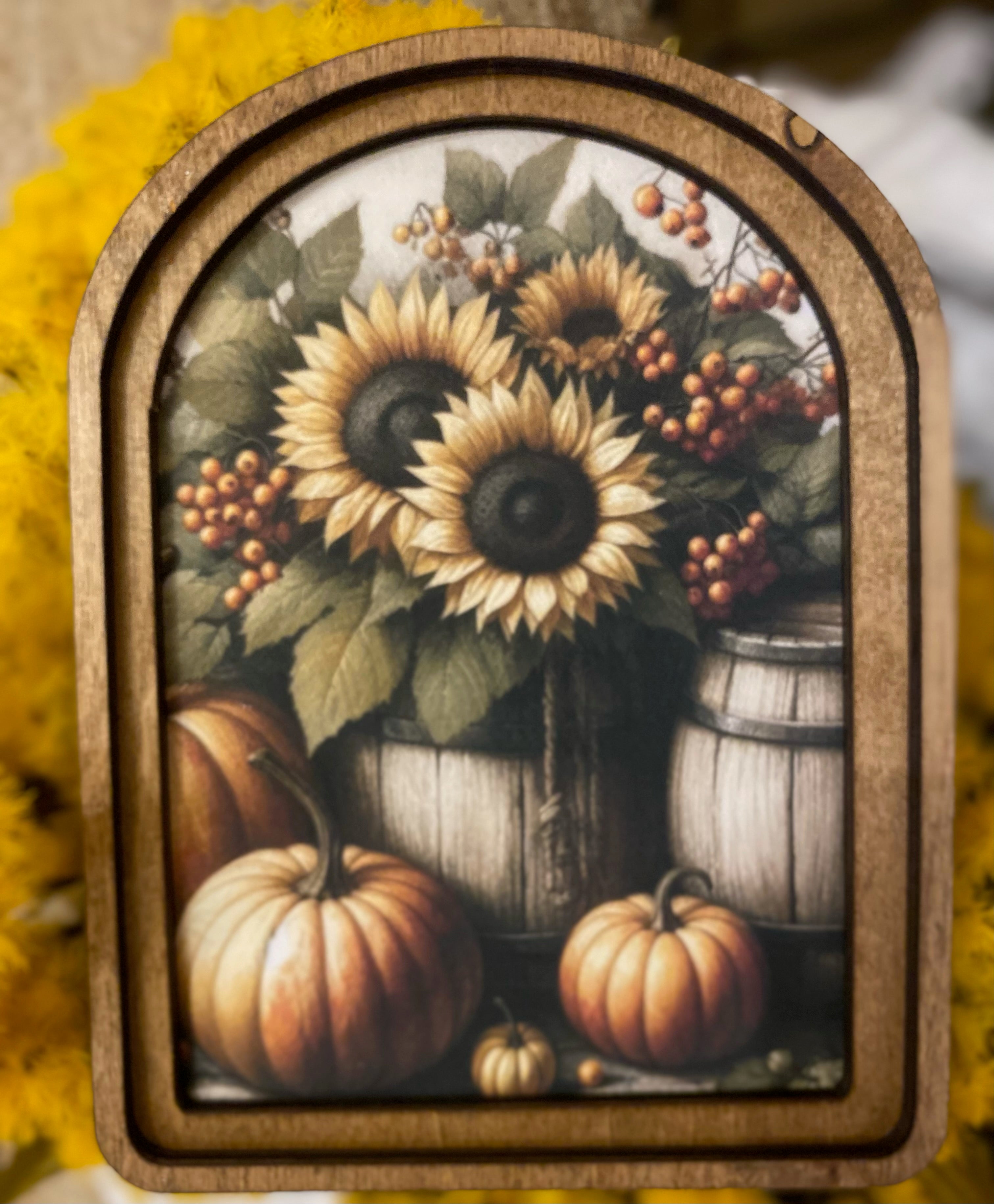 Fall Sunflowers and Pumpkins Wood Frame Picture Arch Top