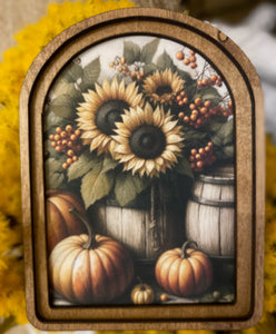 Fall Sunflowers and Pumpkins Wood Frame Picture Arch Top