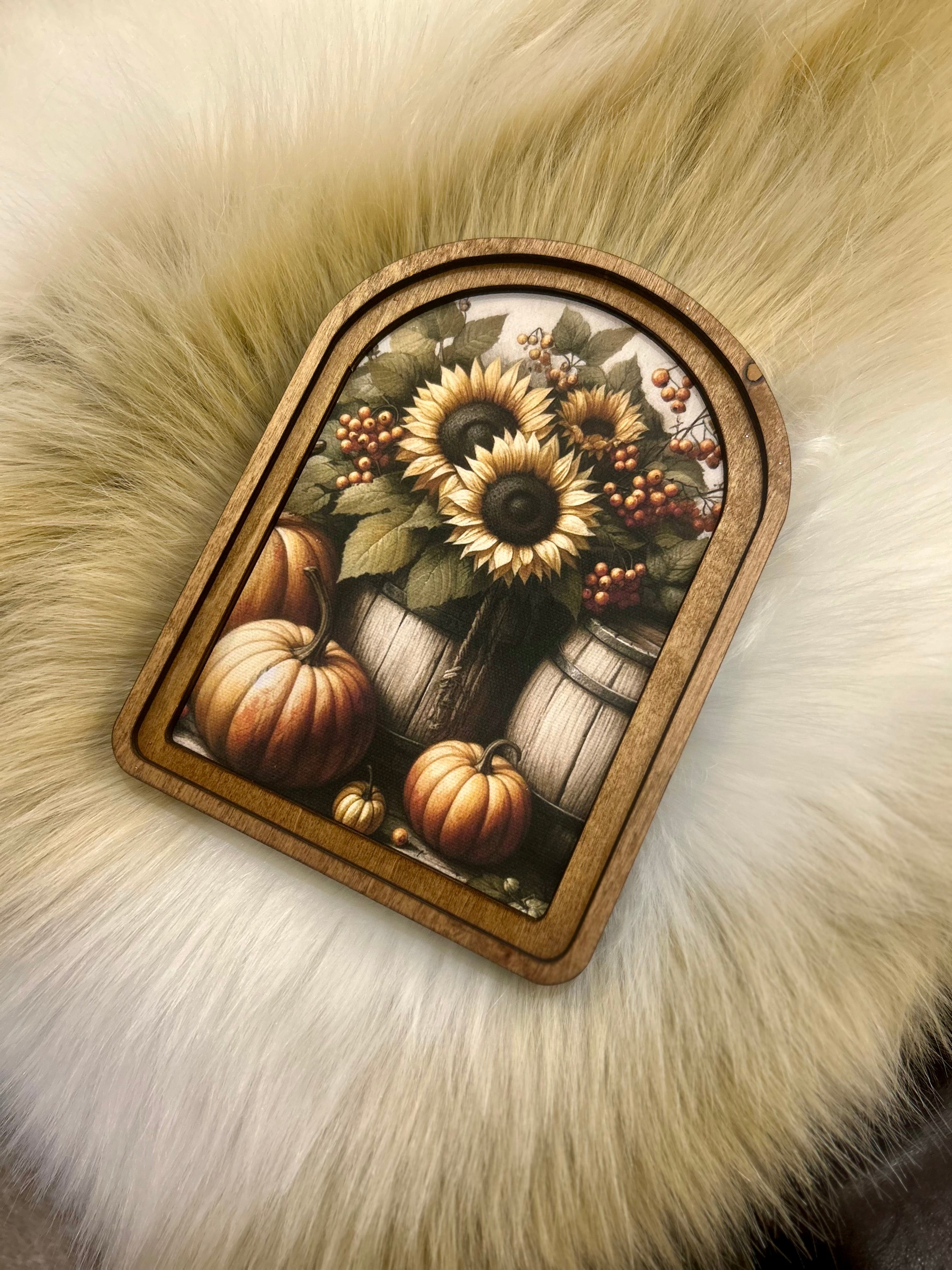 Fall Sunflowers and Pumpkins Wood Frame Picture Arch Top