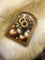 Load image into Gallery viewer, Fall Sunflowers and Pumpkins Wood Frame Picture Arch Top
