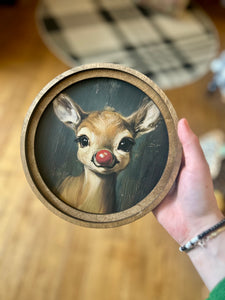 Rudolph Portrait Round Wood Frame Christmas Decor