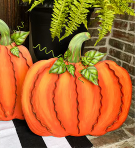 Large Cream or Orange Pumpkins Set of 2 Large Ribbon Pumpkins with Metal Stake and Easels
