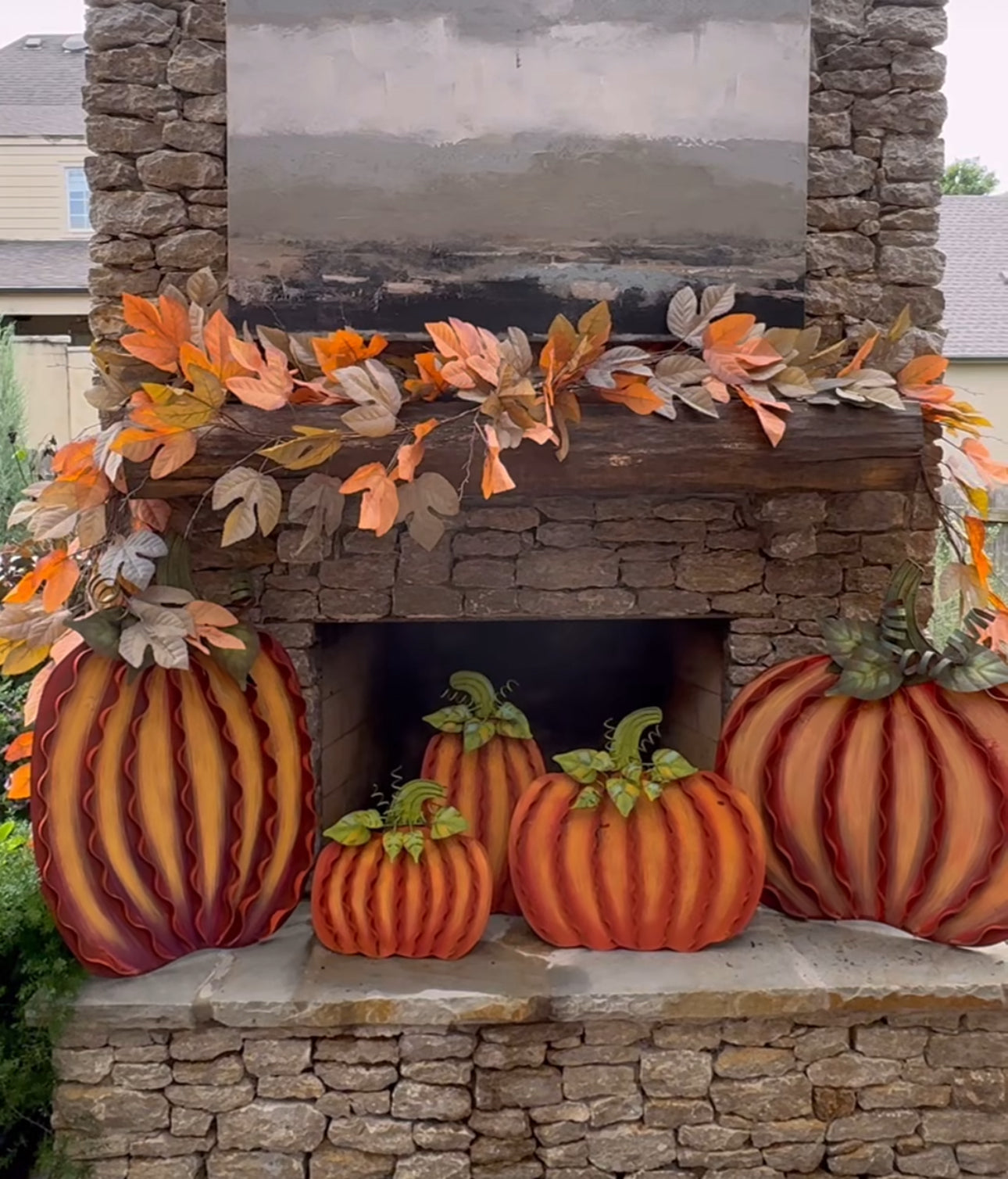 Large Cream or Orange Pumpkins Set of 2 Large Ribbon Pumpkins with Metal Stake and Easels