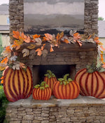 Load image into Gallery viewer, Large Cream or Orange Pumpkins Set of 2 Large Ribbon Pumpkins with Metal Stake and Easels
