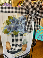 Load image into Gallery viewer, Embellished Floral Spring Flag Rain Boot Black and White Check with Blue Flowers with Bow

