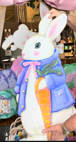 Load image into Gallery viewer, Rabbit in Periwinkle and Pink Jacket with Carrot Metal Stake
