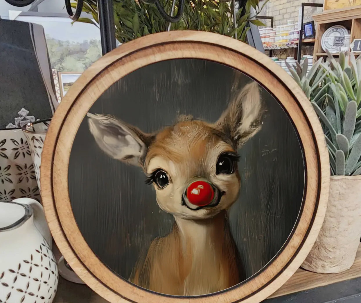Rudolph Portrait Round Wood Frame Christmas Decor