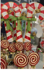 Load image into Gallery viewer, Set of 2 Candy Cane with Lime Green Bows Metal Stakes Outdoor or Indoor
