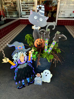 Load image into Gallery viewer, Small Tillie the Witch In Black, Purple, Orange, and Yellow with her Frog Roundtop Collection
