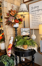Load image into Gallery viewer, Fall Mixed Dusty Mauve, Cream Hydrangeas, and Copper Stems in White Ceramic Pot
