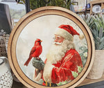 Load image into Gallery viewer, Santa with Red Cardinal Round Wood Frame Christmas Decor
