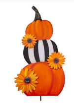 Load image into Gallery viewer, New! Pumpkin Topiary Stack Sunflower and Stripe Pattern Metal Stake with Easel
