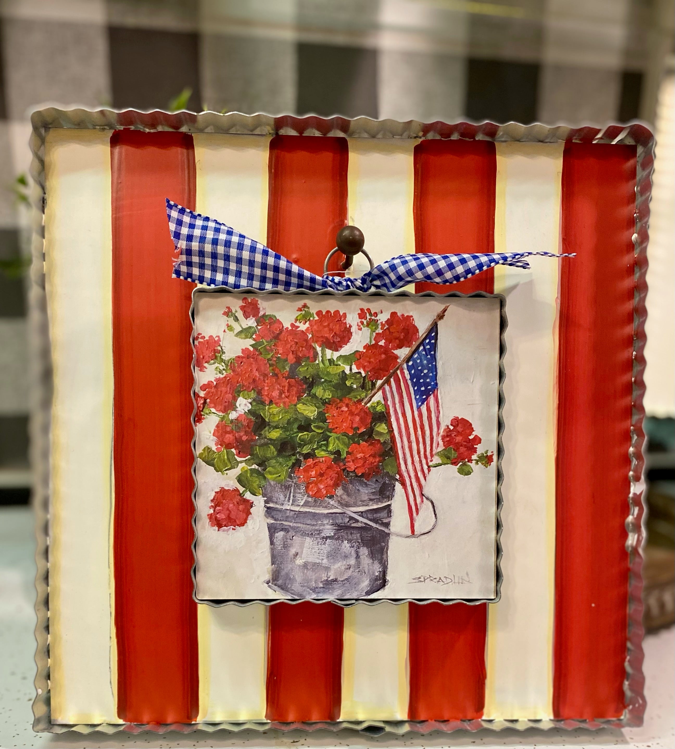 Americana: Bucket of Red Geraniums and American Flag Mini Print