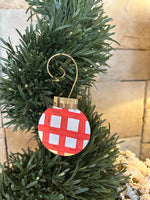 Load image into Gallery viewer, Whimsical Plaid, Stripe, &amp; Check Set of 3 Metal Shimmering Ornaments
