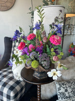 Load image into Gallery viewer, Summer Garden Bright Pink, Purple, and Green Floral Arrangement in Bronze Gold Container
