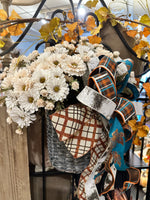 Load image into Gallery viewer, Fall White Mums Florals in Gray Basket with Large Copper, Teal, and White Bow
