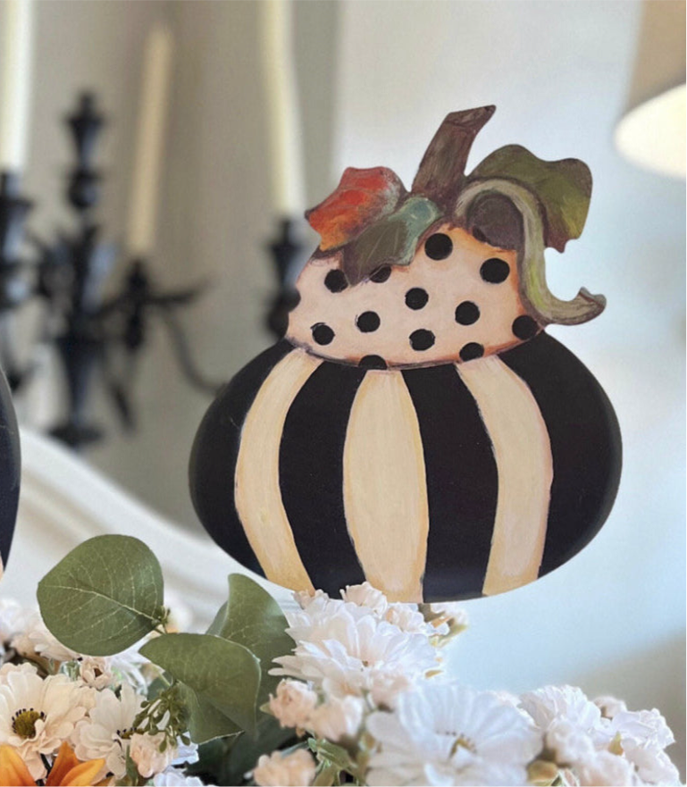 Set of 3 Pumpkins and 1 Gourd Black & White Stripe Metal Stake