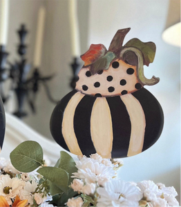 Set of 3 Pumpkins and 1 Gourd Black & White Stripe Metal Stake